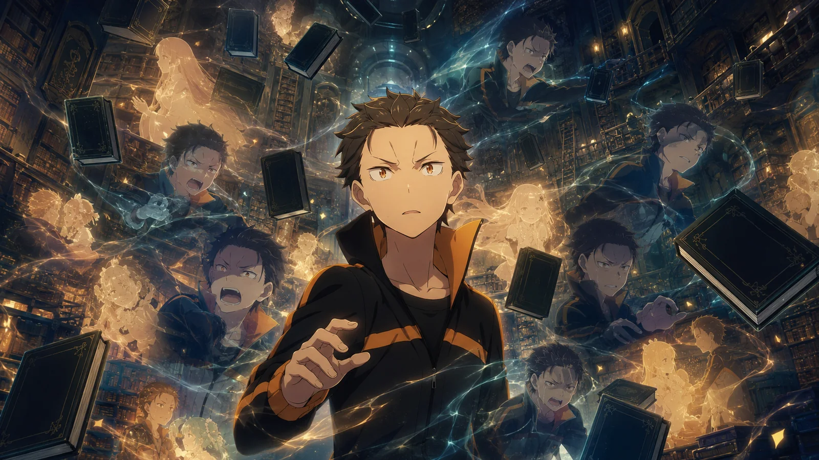 Amnesiac Subaru surrounded by multiple Books of the Dead bearing Natsuki Subaru's name as overlapping visions of his past deaths and relationships close around him