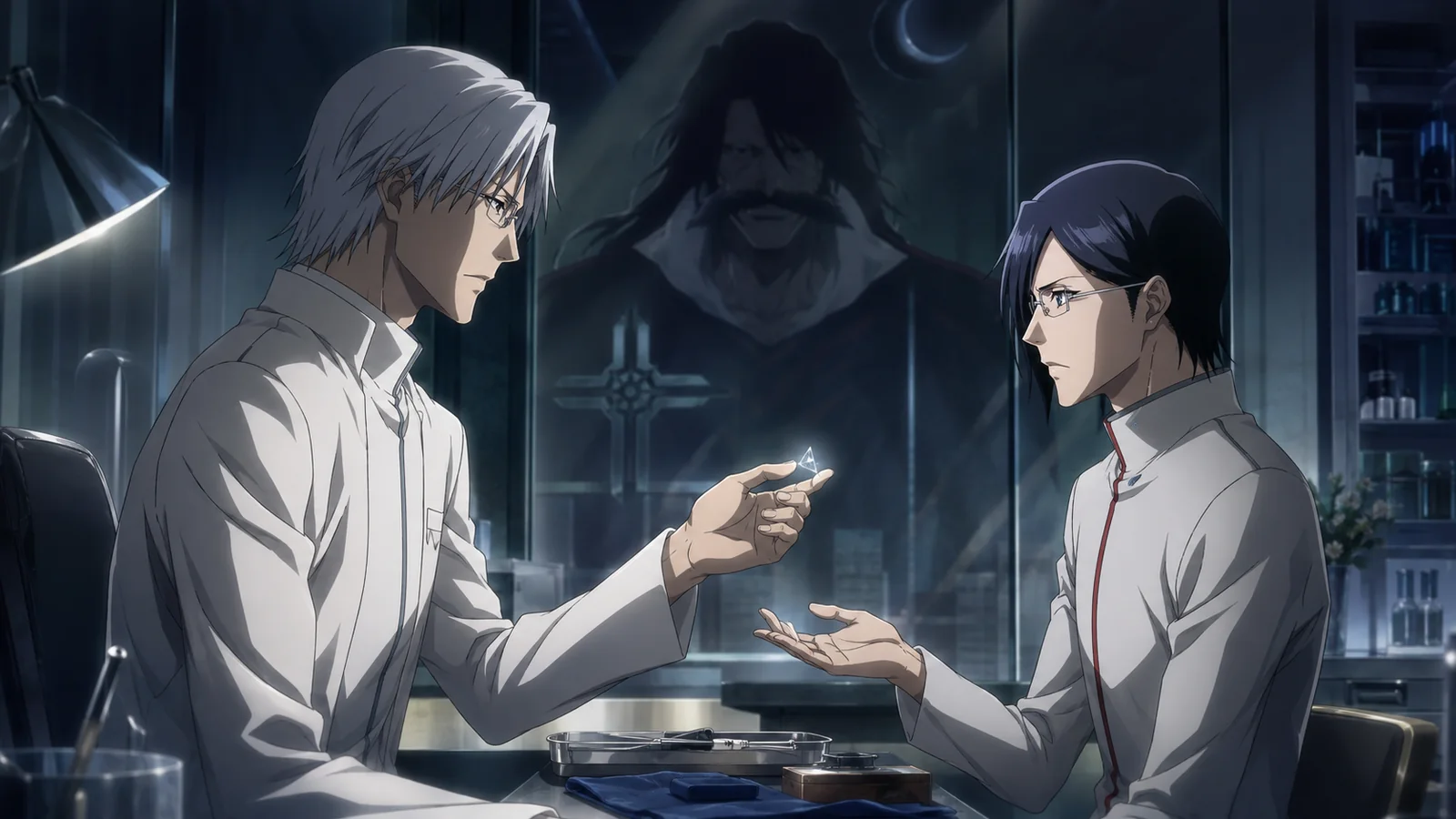 Ryūken Ishida giving Uryū the Still Silver arrowhead forged from the clot recovered from Kanae's heart