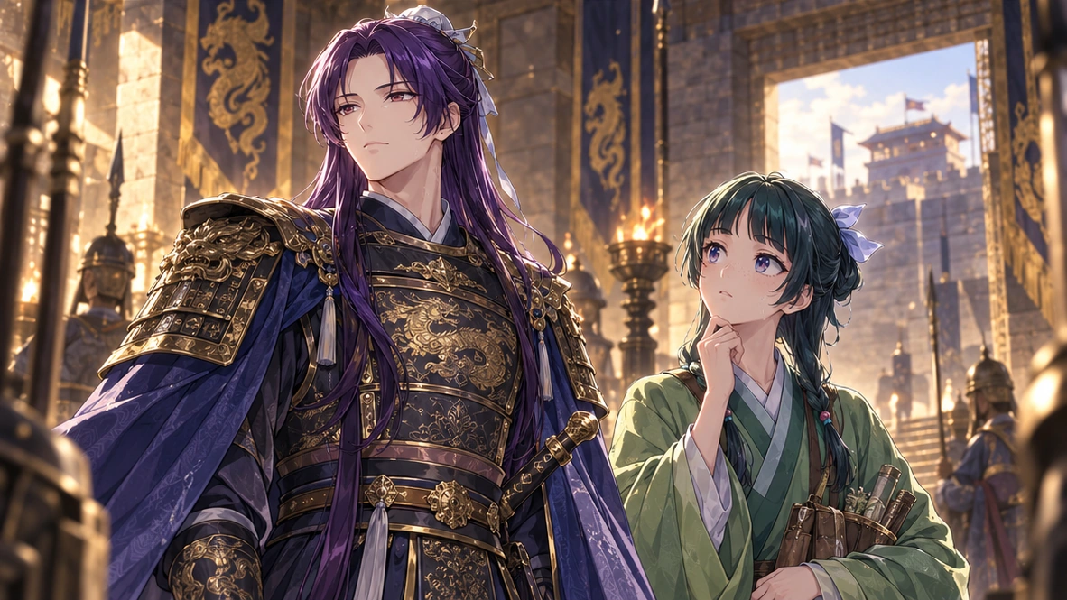 Editorial reconstruction: Jinshi stands in military armor inside the captured Shi stronghold while Maomao considers his royal status.