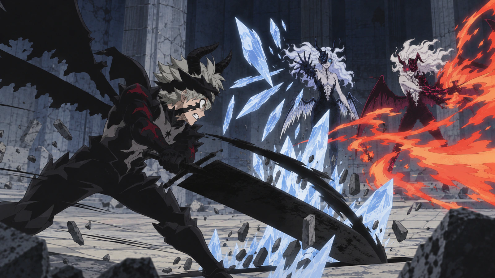 Devil Union Asta cuts through Lilith and Naamah's ice and fire with Anti-Magic