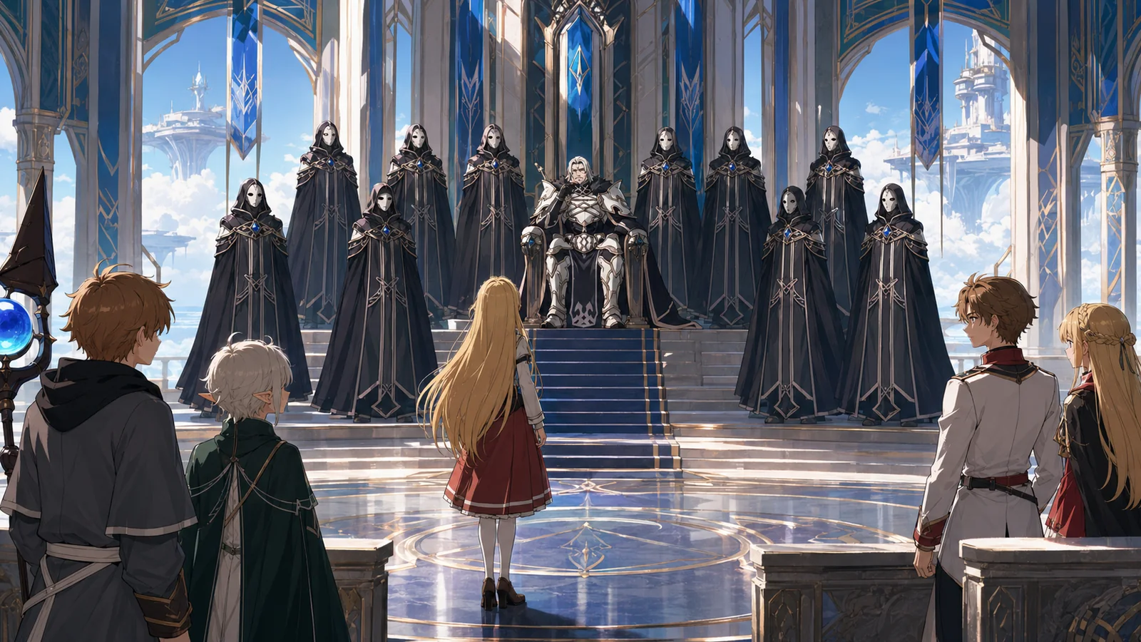 Princess Ariel standing before Perugius and his twelve attendants in the Chaos Breaker audience chamber while Rudeus, Sylphie, and Luke watch the political test unfold