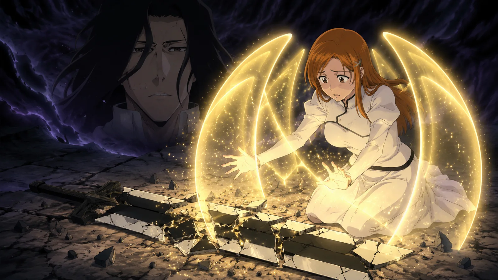 Orihime kneeling beside the shattered Tensa Zangetsu as Sōten Kisshun surrounds the broken Bankai but fails to restore it because Yhwach's altered future still governs the damage
