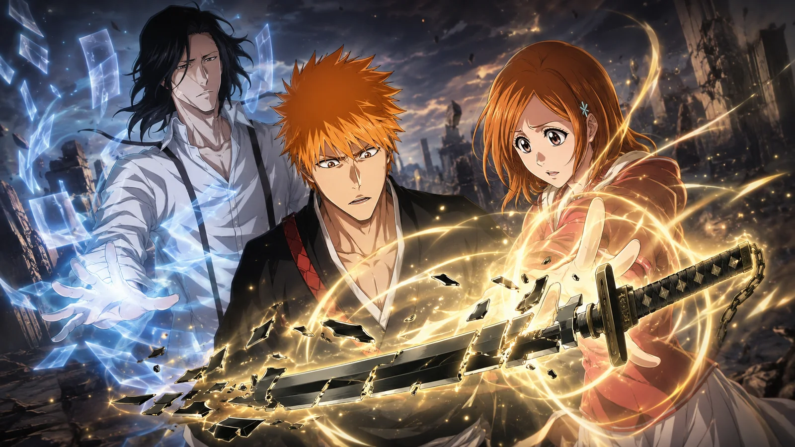 Tsukishima standing behind Ichigo after using Book of the End while Orihime's Sōten Kisshun successfully reconstructs Tensa Zangetsu from the newly inserted unbroken past