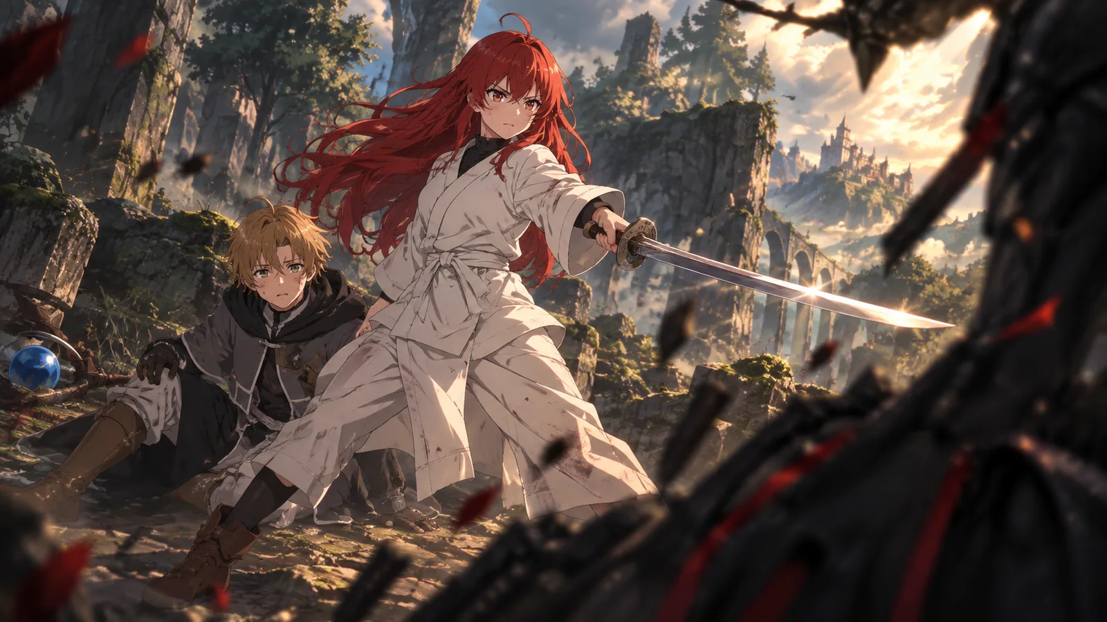 A battle-hardened Eris intercepting Orsted to protect the injured Rudeus after years of training.