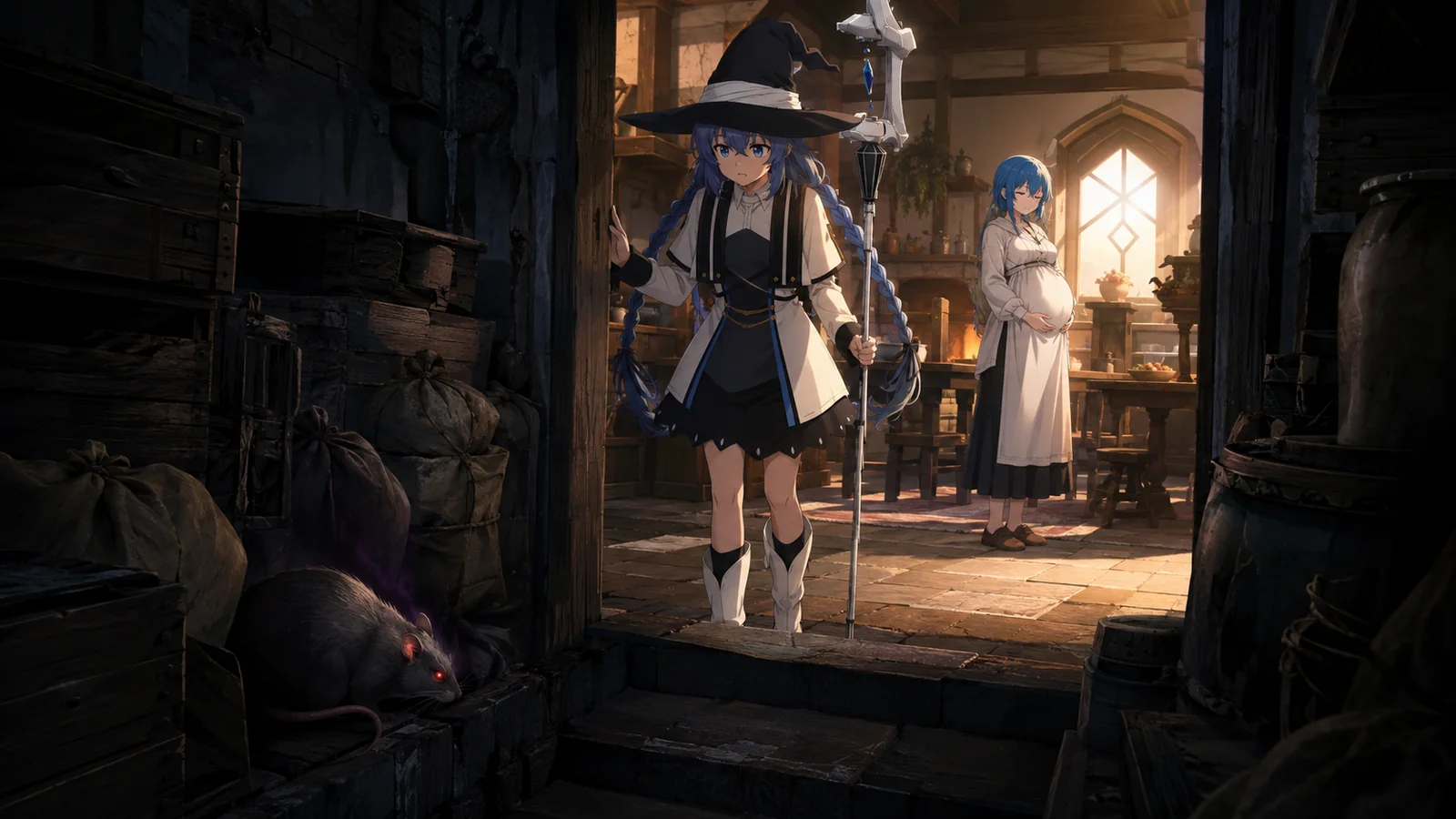 Rudeus standing at the dark entrance to his basement while an infected rat hides among storage boxes, with pregnant Roxy unaware inside the Greyrat home