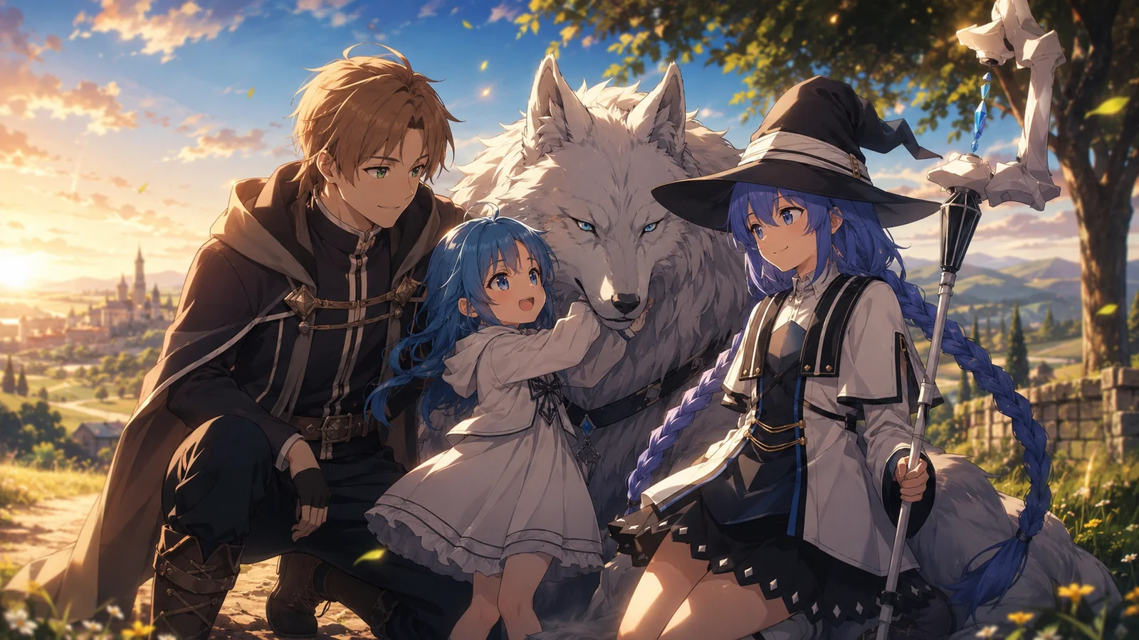 Rudeus and Roxy with young Lara Greyrat as the Sacred Beast Leo stays close beside her, representing the future Hitogami tried to prevent