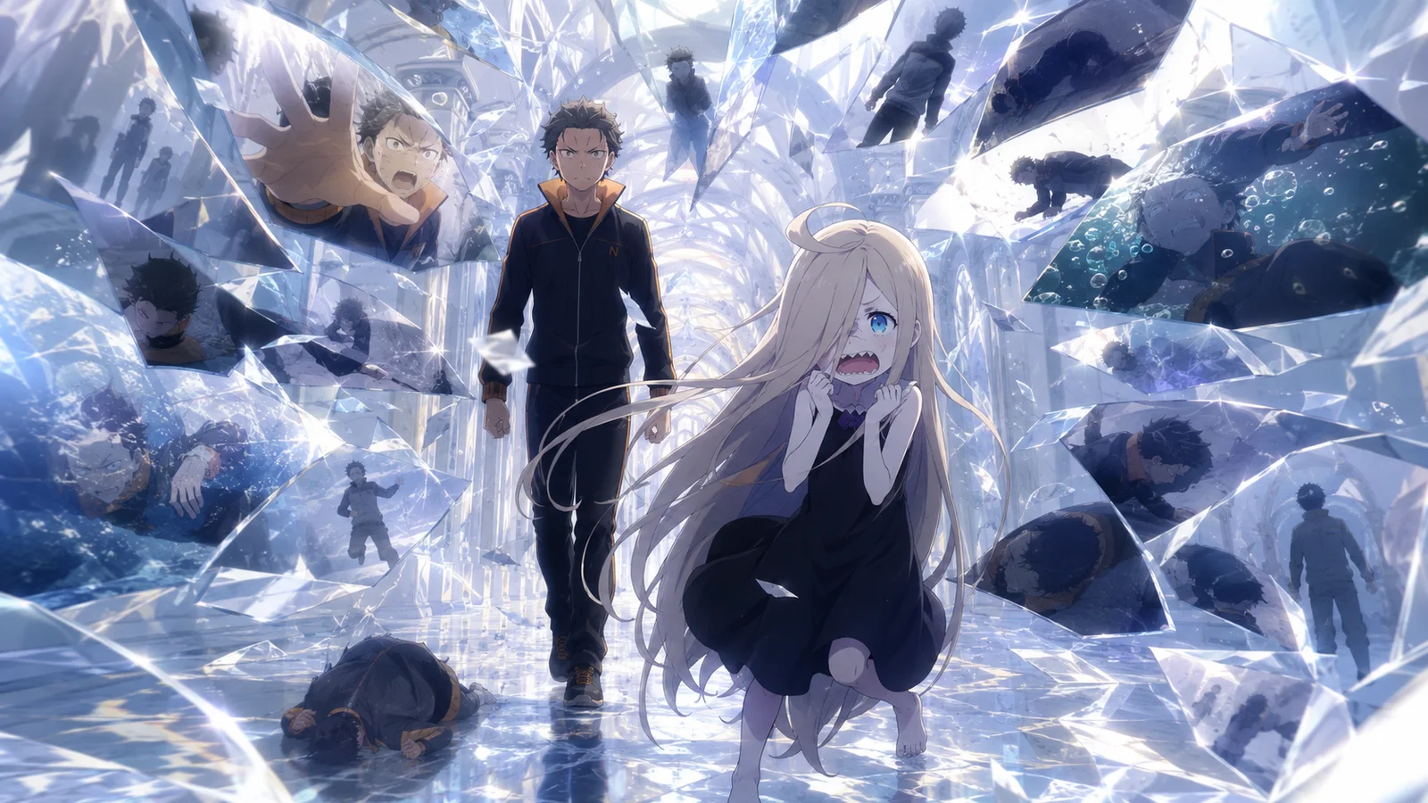Louis Arneb recoiling in the white Corridor of Memories as fragmented scenes of Subaru's repeated deaths surround her