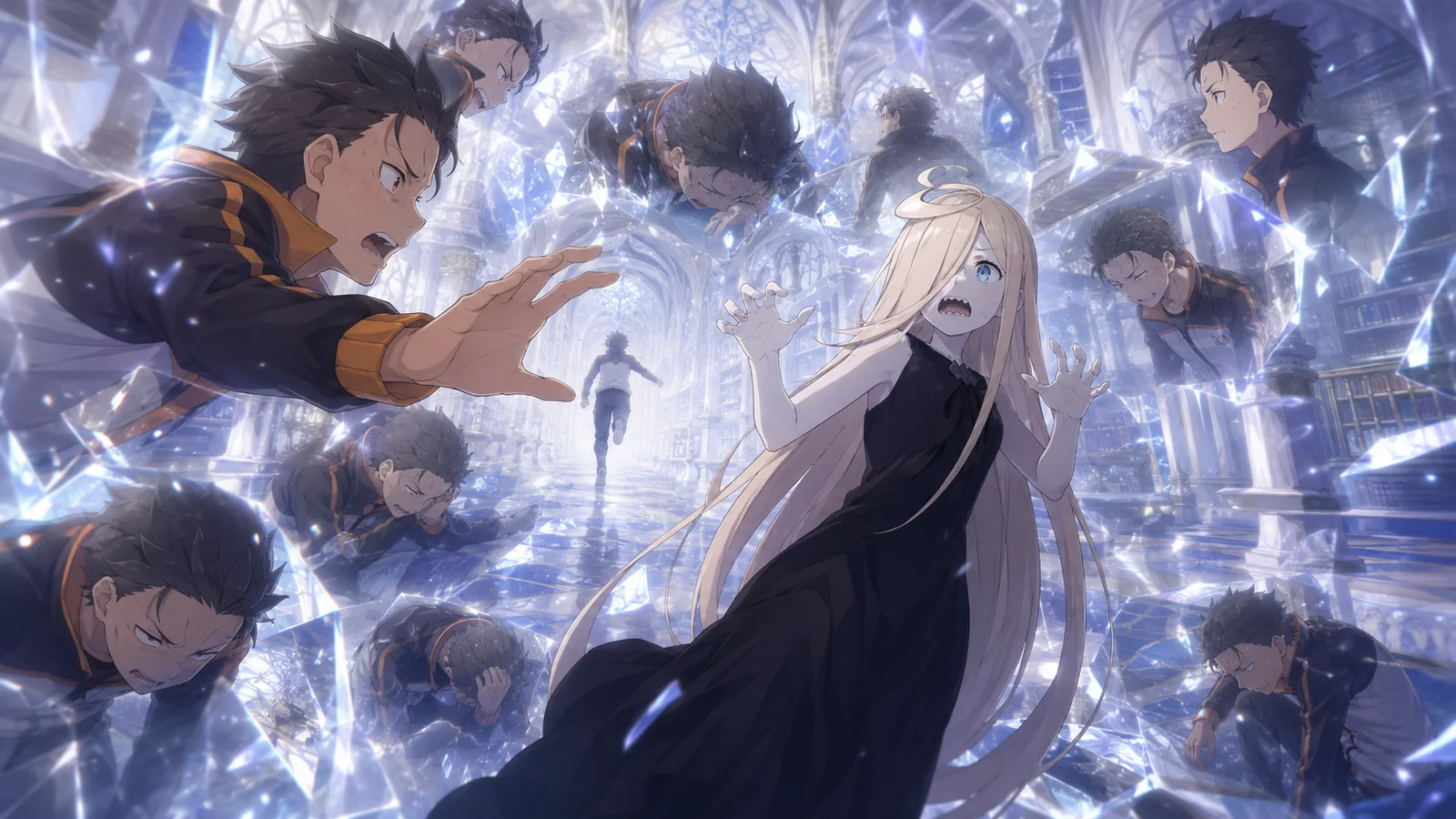 Louis Arneb recoiling in terror while overlapping Subaru death-and-reset memories surround her, showing that Return by Death preserves his suffering across loops