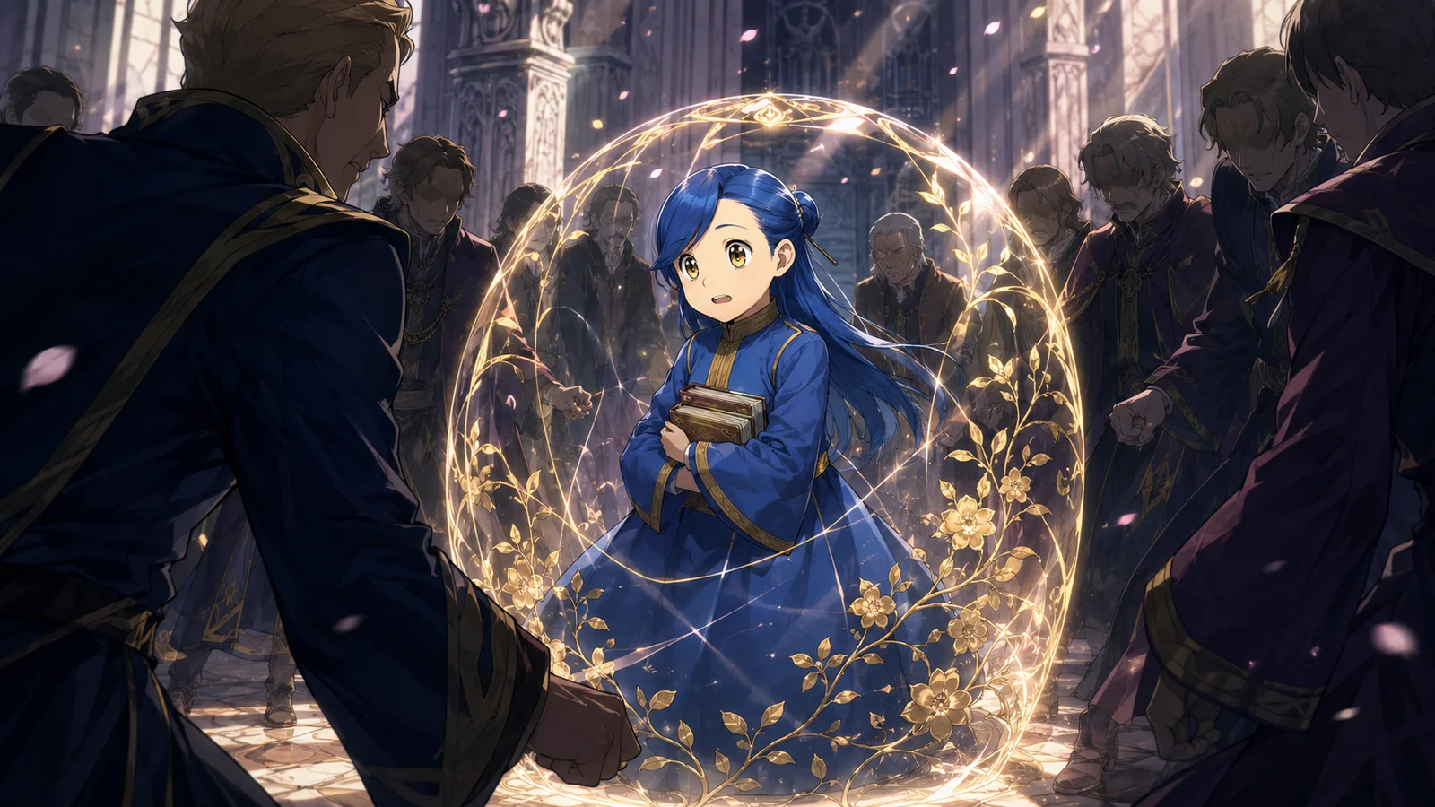 Myne protected during the kidnapping plot at the temple