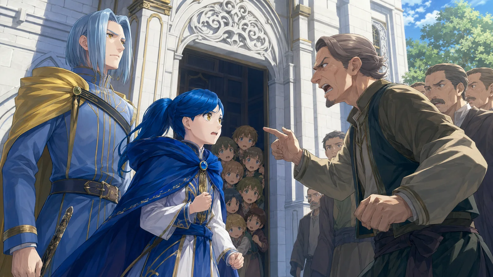 Rozemyne and Ferdinand confronting Hasse's angry mayor outside the newly constructed white monastery while frightened local orphans watch from behind the protected entrance