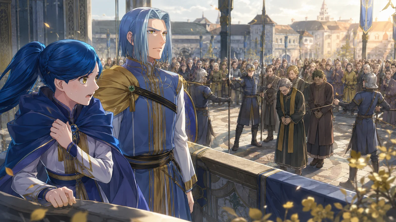 A horrified Rozemyne forced to watch beside the composed Ferdinand as the condemned Hasse conspirators are separated before the assembled townspeople for the execution ritual