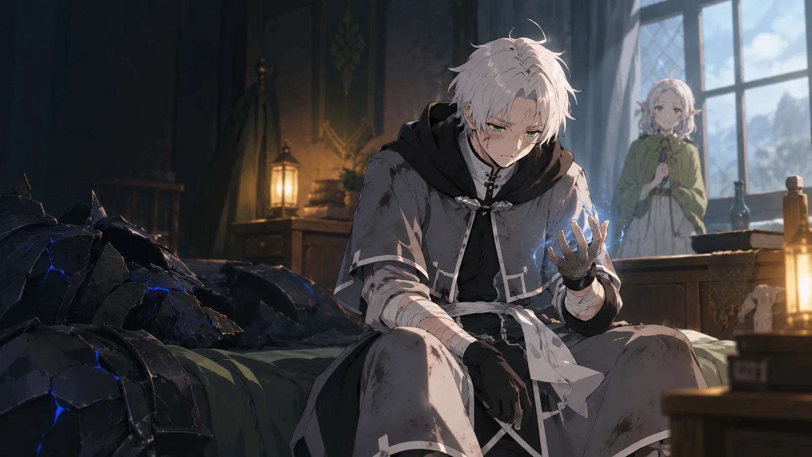 White-haired Rudeus recovering after the second Orsted battle while his mana slowly returns.