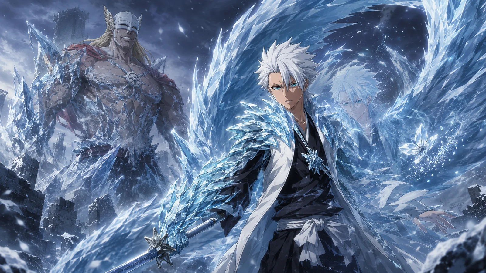Toshiro Hitsugaya's final ice-flower petal disappearing as Daiguren Hyorinmaru completes and his body shifts into its mature form