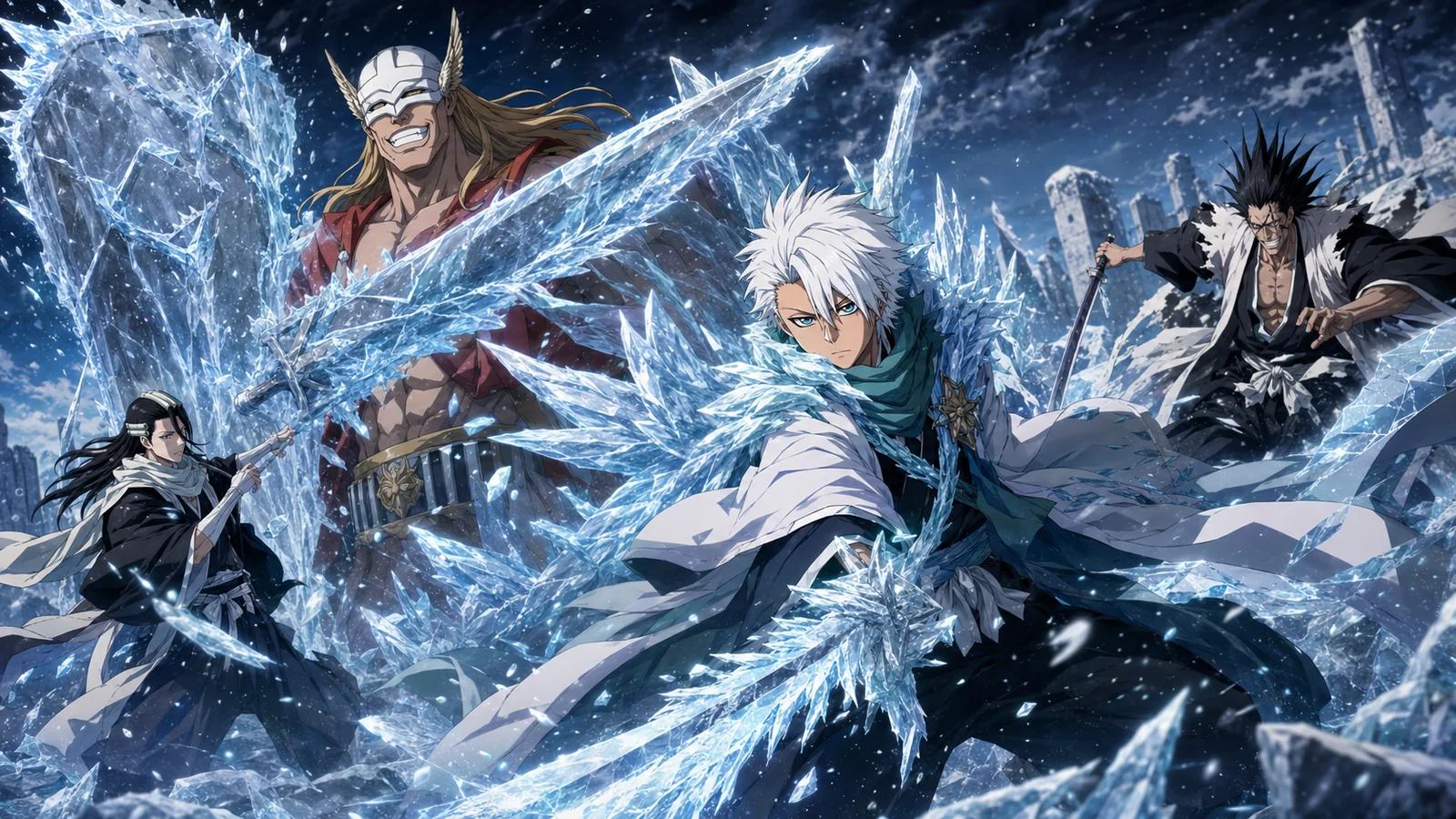 Adult-form Toshiro freezing Gerard Valkyrie's enormous sword and shield while Byakuya and Kenpachi prepare to capitalize on the opening