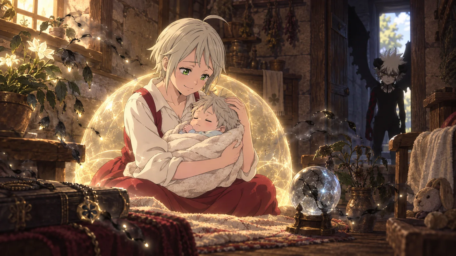 Licita's condition drains surrounding mana while she protects infant Asta and Liebe.