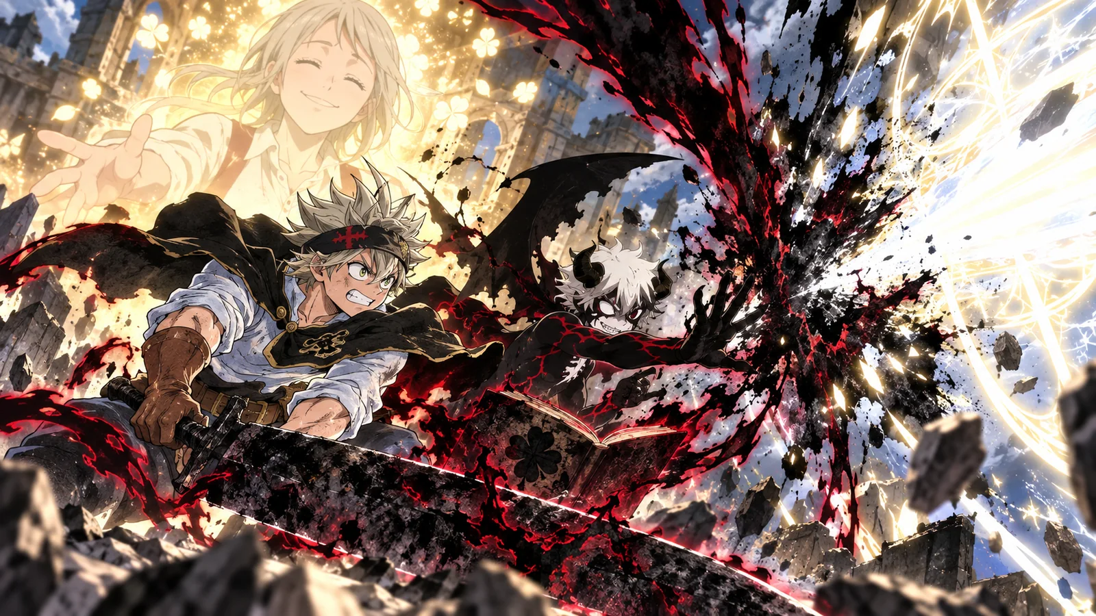 Asta and Liebe combine with Anti-Magic while Licita remains a protective memory behind them.