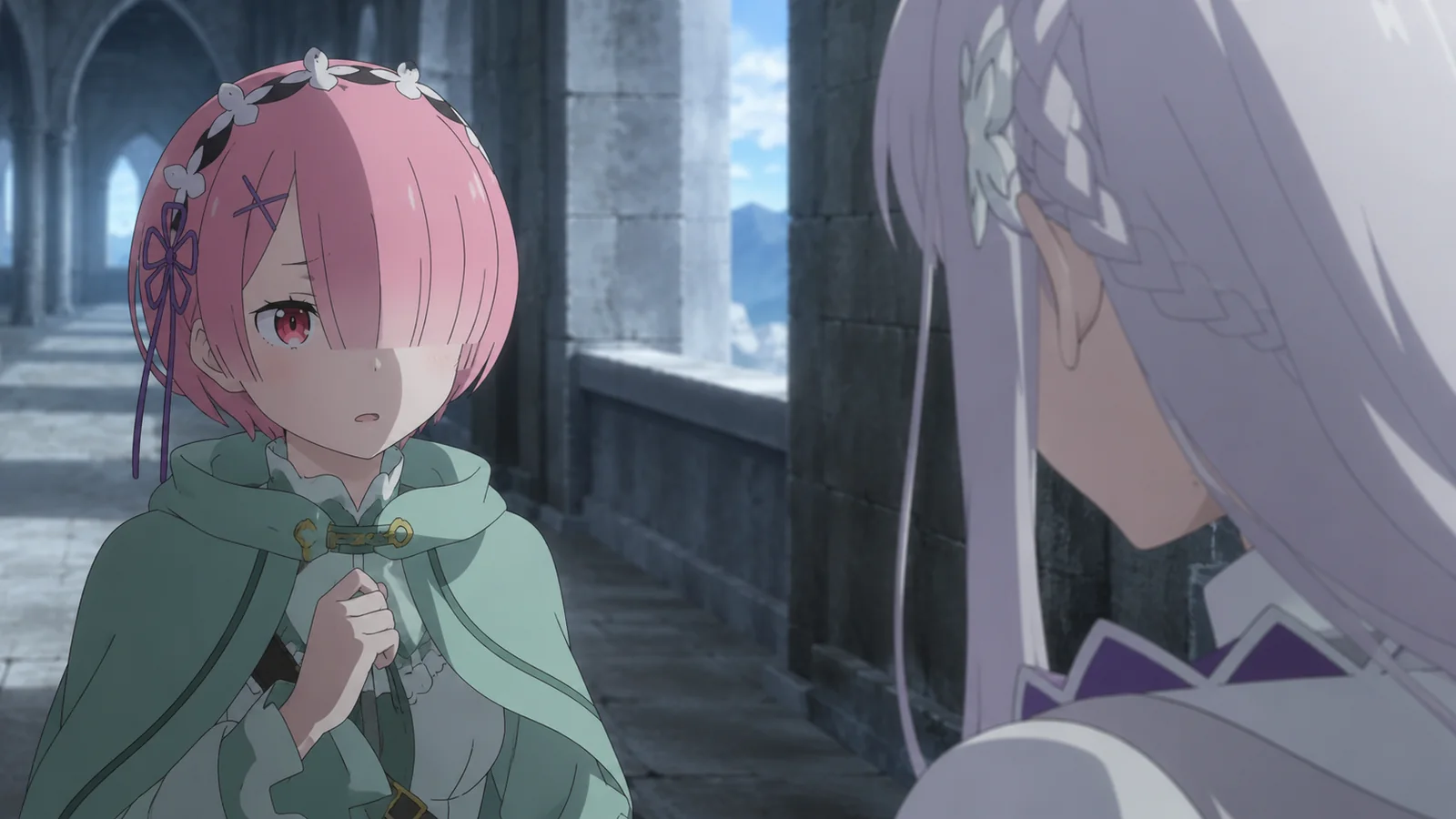 Emilia faces a confused Ram inside the Pleiades Watchtower.