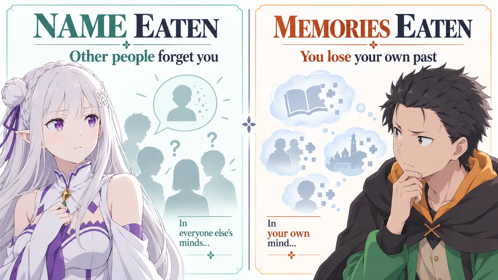 A comparison of losing one's name and losing one's own memories, with Emilia and Subaru.