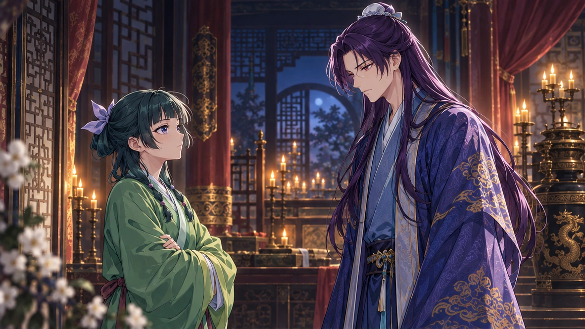 Editorial illustration of a tense palace confrontation between Jinshi and Maomao without depicting the assault