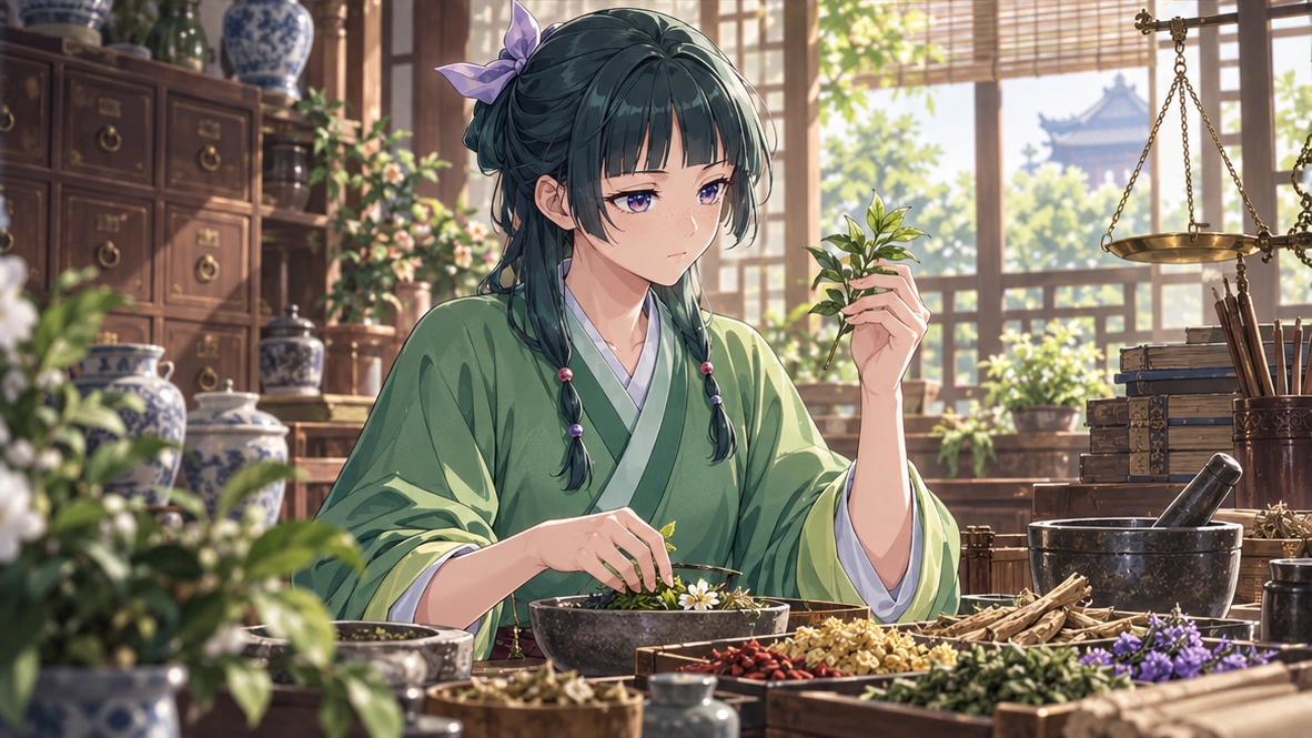 Editorial illustration of Maomao calmly working at her herb desk
