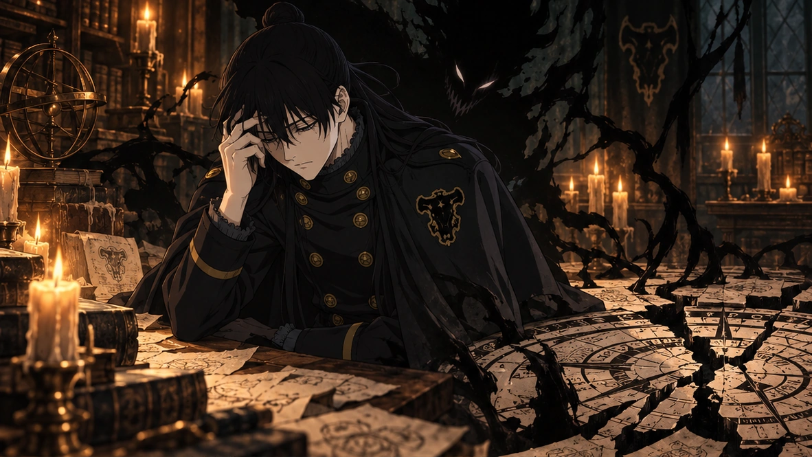 Editorial illustration of Nacht confronting his guilt beside a broken ritual circle
