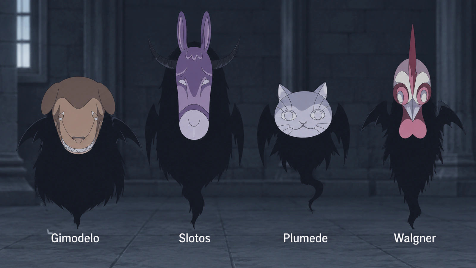 Gimodelo, Slotos, Plumede and Walgner with their distinct dog, horse, cat and rooster masks