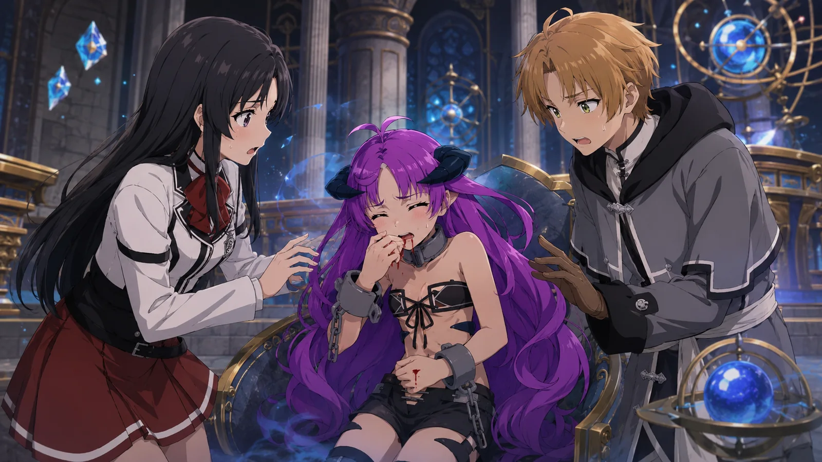 Nanahoshi weakened by Dryne Syndrome inside Chaos Breaker as Rudeus and Sylphie react to her sudden bloody coughing fit