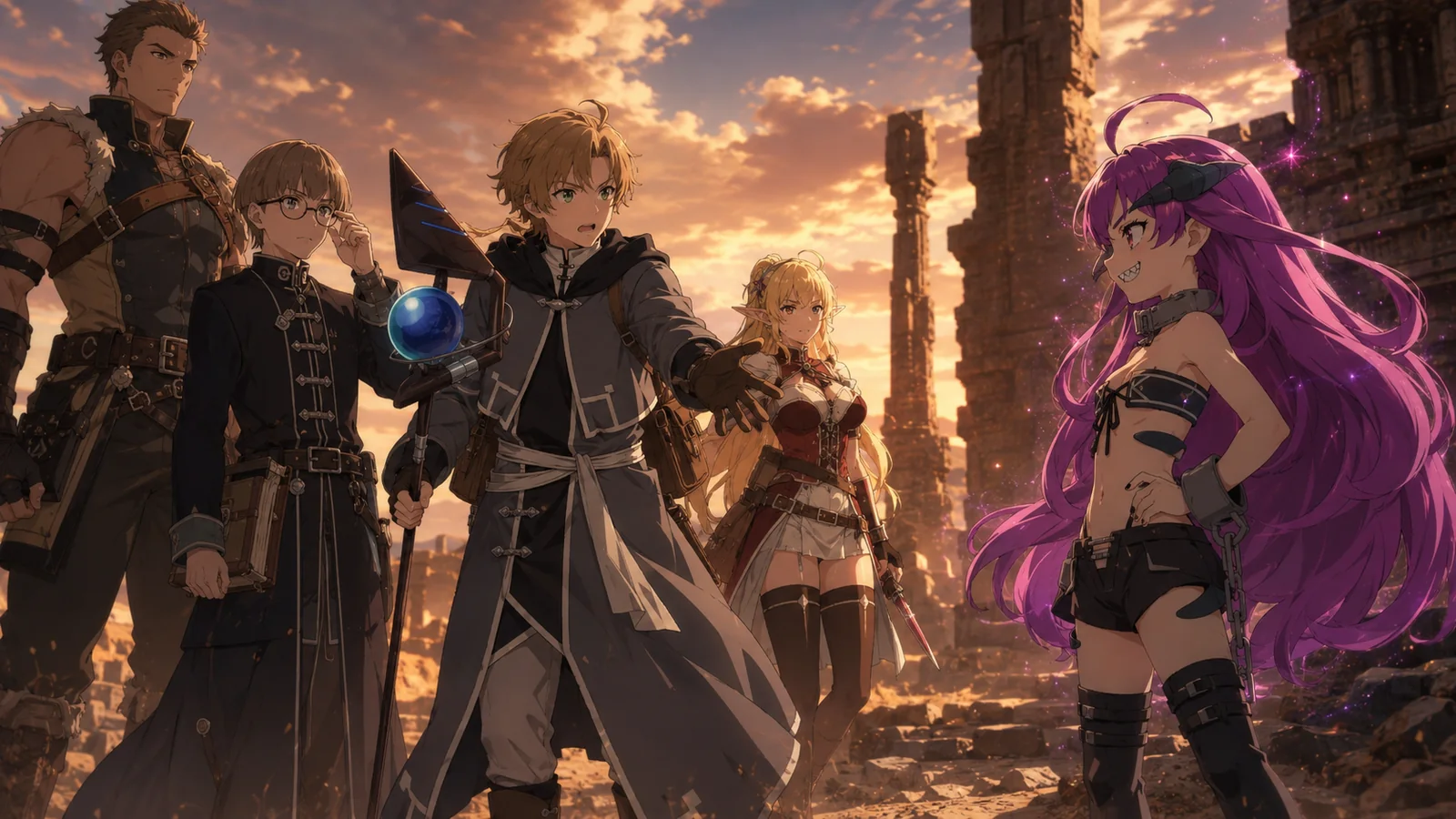 Rudeus, Cliff, Zanoba, and Elinalise seeking Kishirika on the Demon Continent to learn about Sokas Grass for Nanahoshi