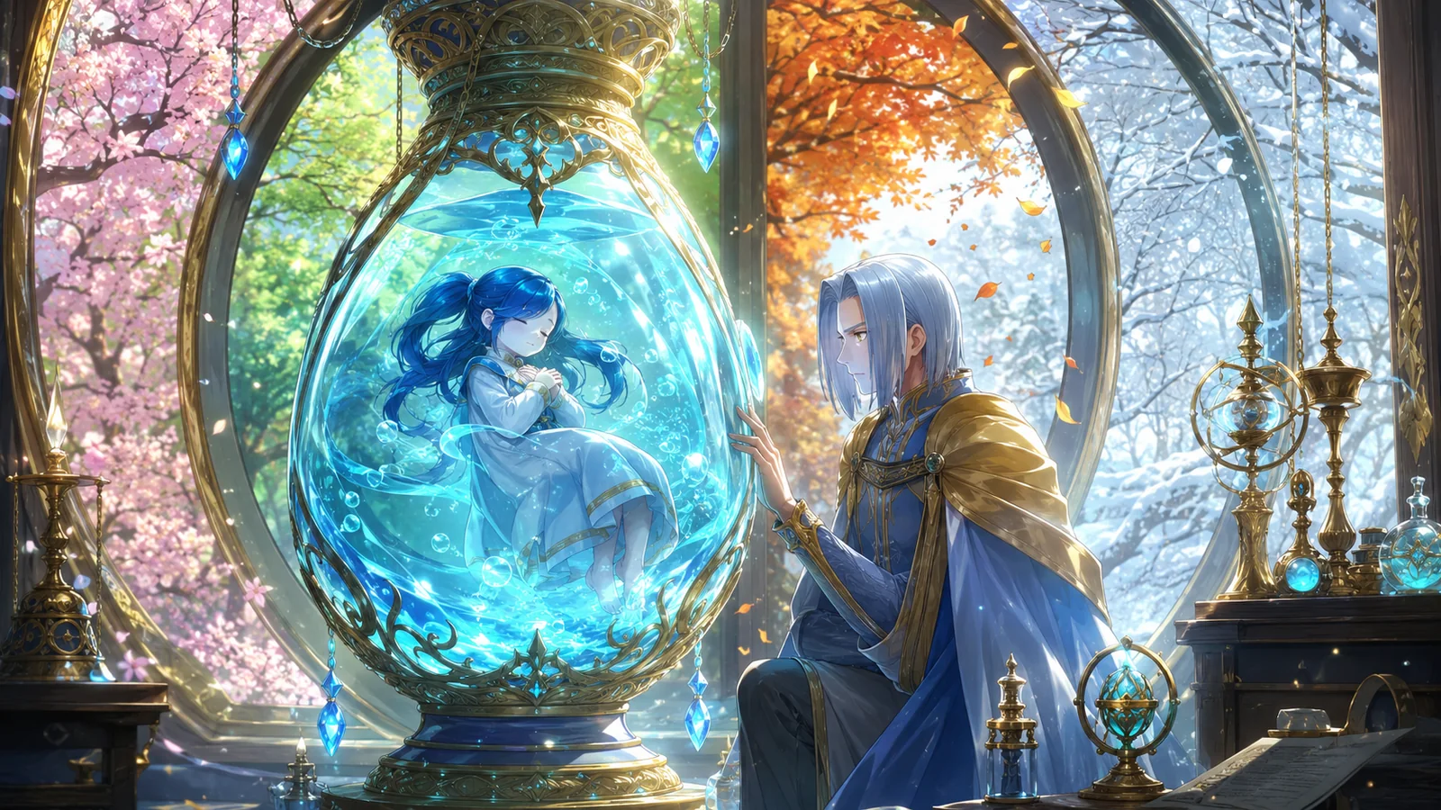 Rozemyne suspended asleep in the glowing jureve while Ferdinand monitors the treatment, with two years of changing seasons represented beyond the sealed room