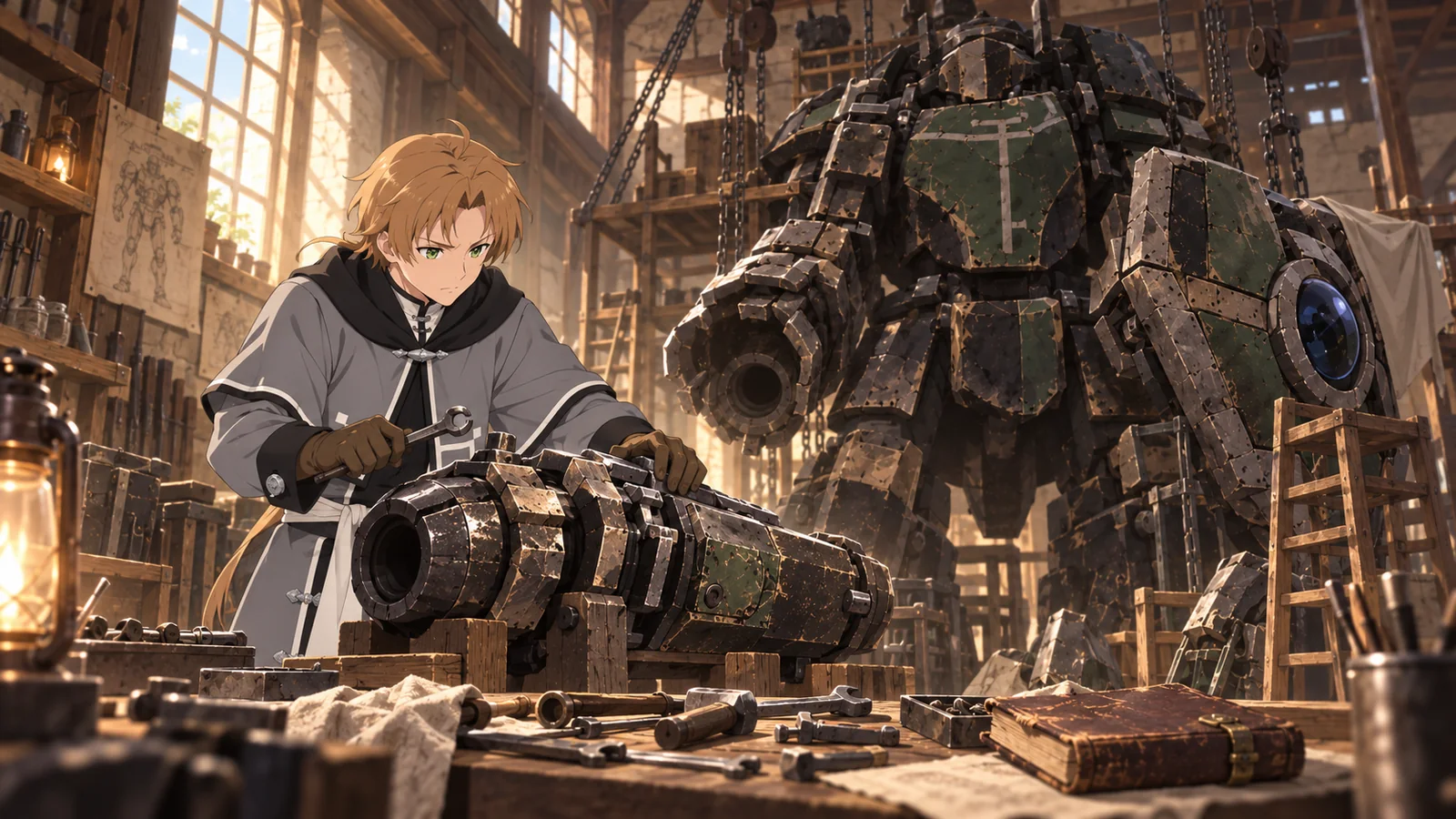 Rudeus works beside unfinished Magic Armor while preparing for the Orsted rematch.