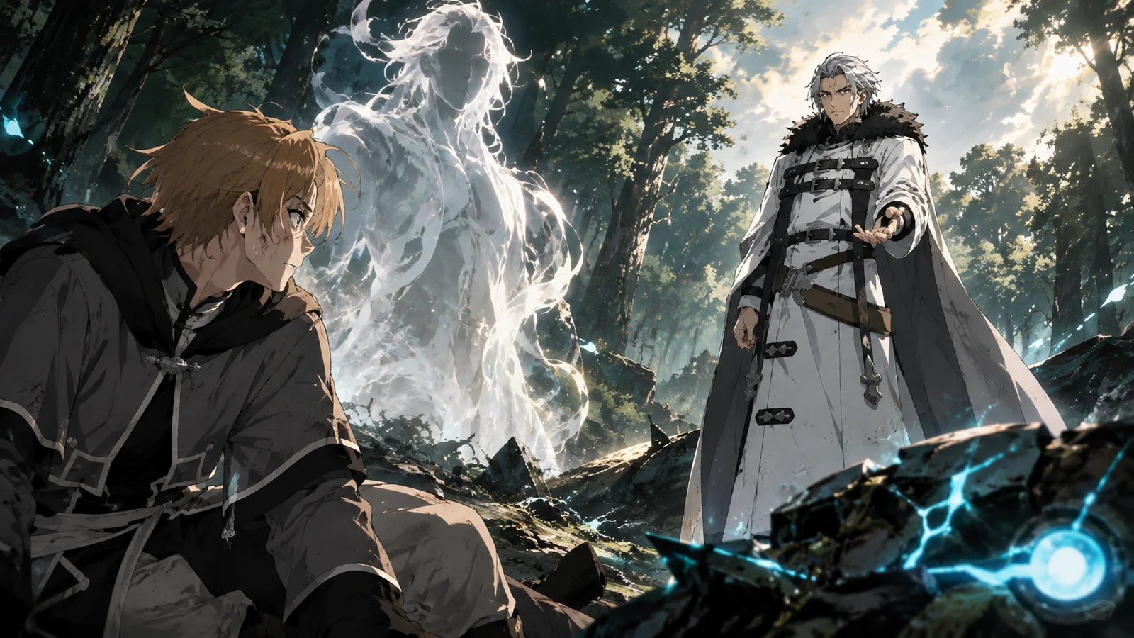 Rudeus facing Orsted after the destruction of his Magic Armor, with Hitogami's ultimatum hanging over the battle.