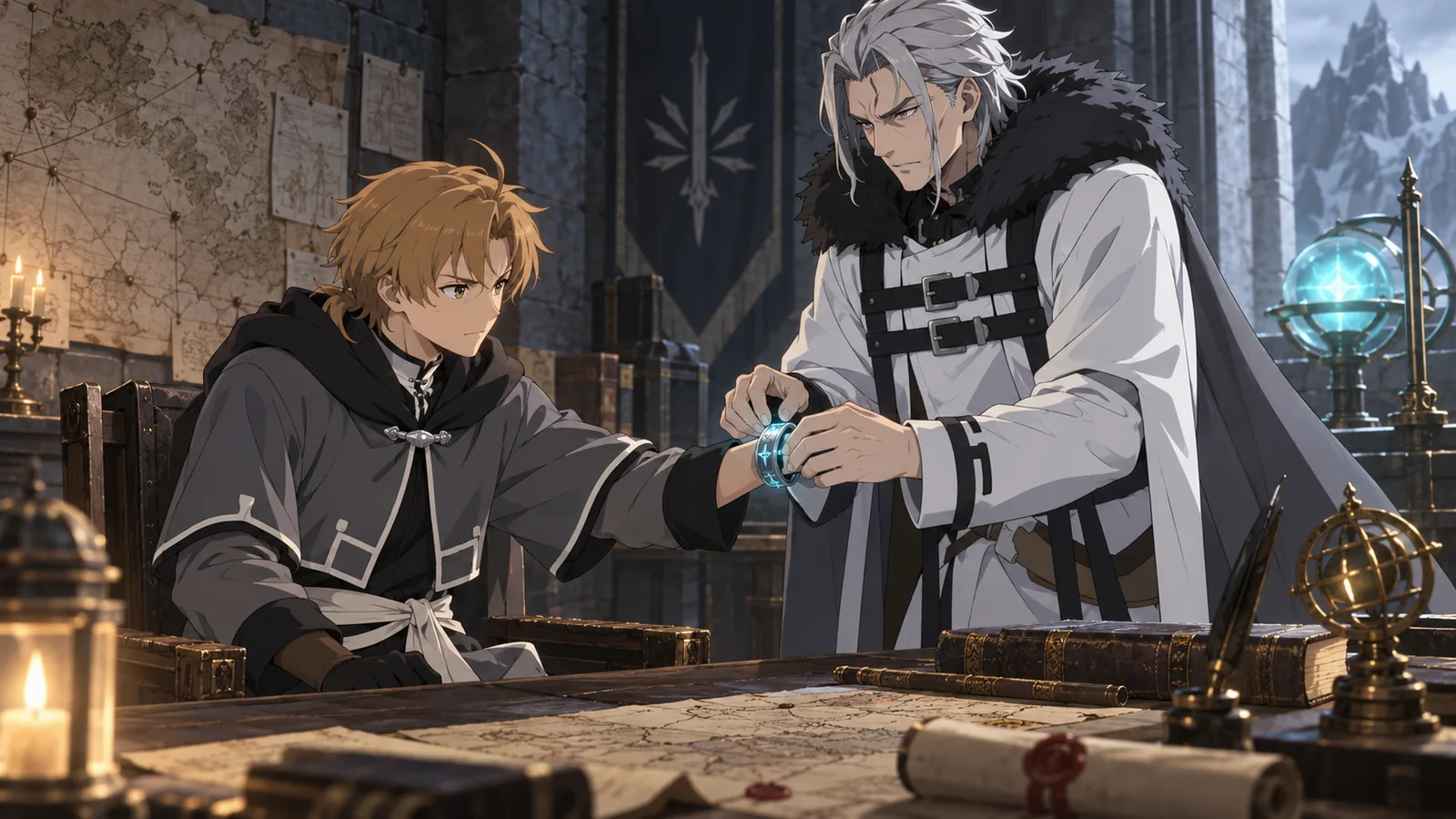Orsted giving Rudeus the bracelet that hides him from Hitogami as their uneasy alliance begins.