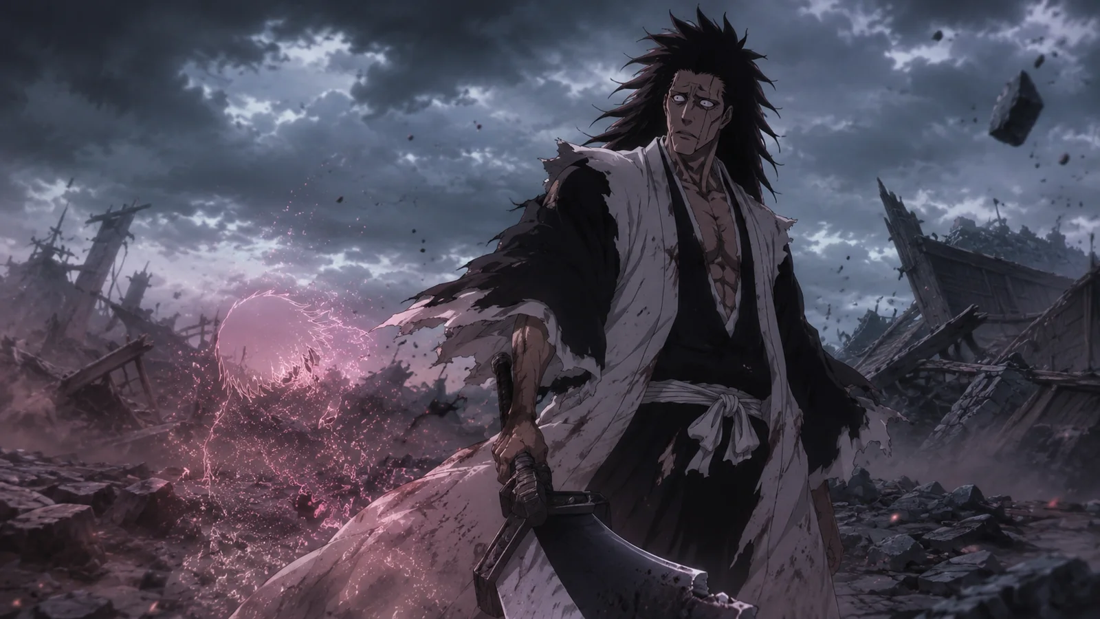 Kenpachi standing amid the ruined battlefield after releasing Nozarashi while realizing that Yachiru is suddenly missing from his side