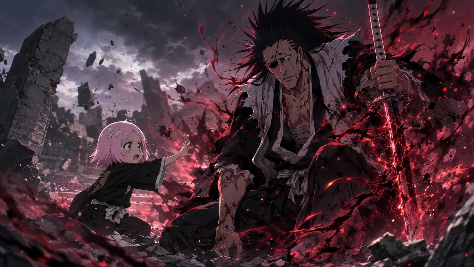 Yachiru reaching toward a wounded Kenpachi during the Gerard battle as Nozarashi's Bankai power begins to awaken around him