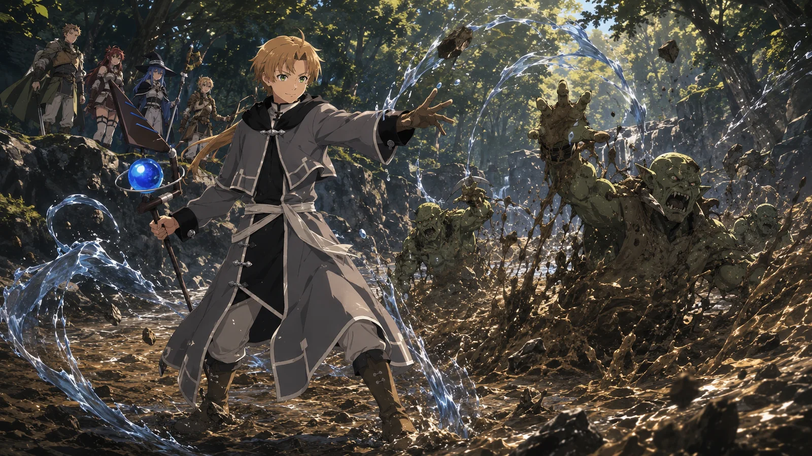 Rudeus creating his signature quagmire spell in combat