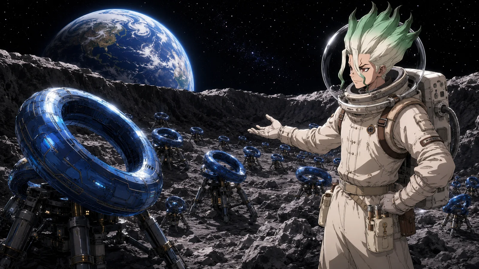 Senku confronting Why-Man's Medusa colony on the Moon