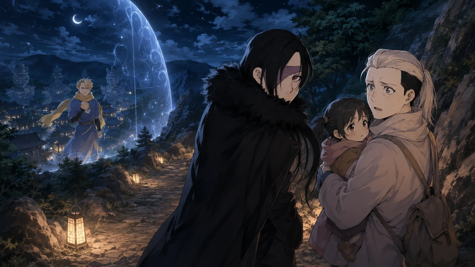 Mine and Nagisa escaping Higashimura at night with young Asa while looking back toward Yuru, the hidden village barrier and mountain path behind them