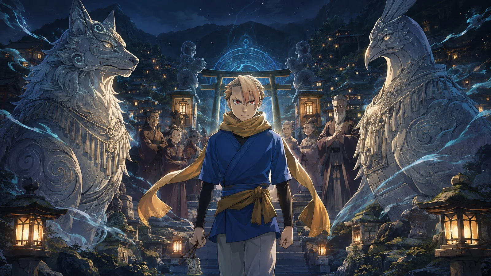 Teenage Yuru standing between Left and Right outside Higashimura while village elders view him as the Twin of Night and potential wielder of Seal
