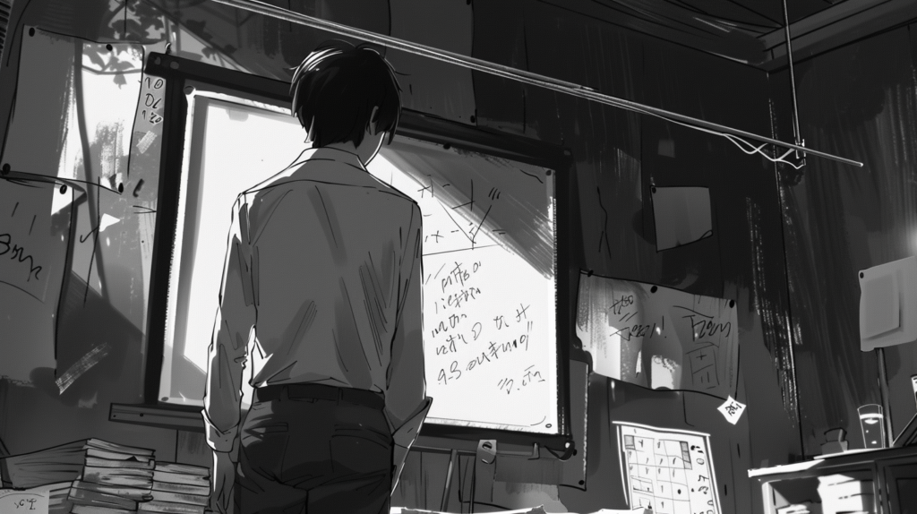 anime boy writing maths on whiteboard