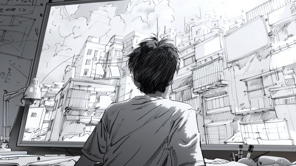 Anime boy drawing scenery