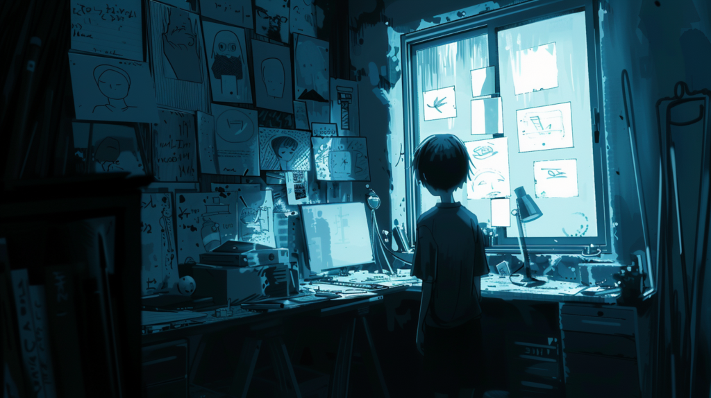 Anime boy drawing lonely room
