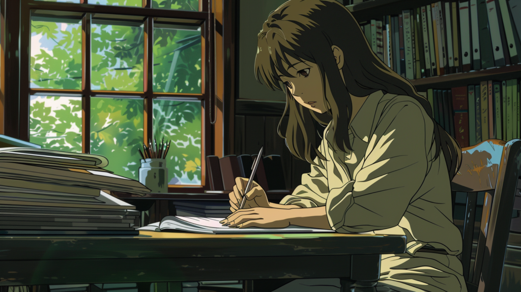 anime girl writing in a book