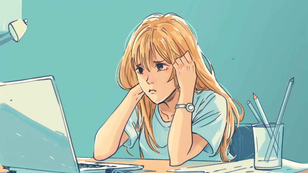 Anime girl confused staring at pc